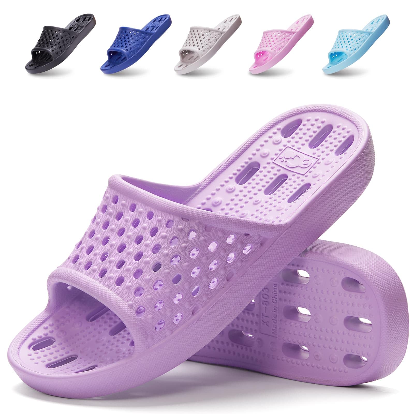 Xomiboe Shower Shoes For Men Women, Quick Dry Shower Slippers for Bathroom | Non Slip Lightweight EVA, With Drain Holes, Wide Fit For Gym Shower, College Dorm, Locker Room, Indoor, Pool