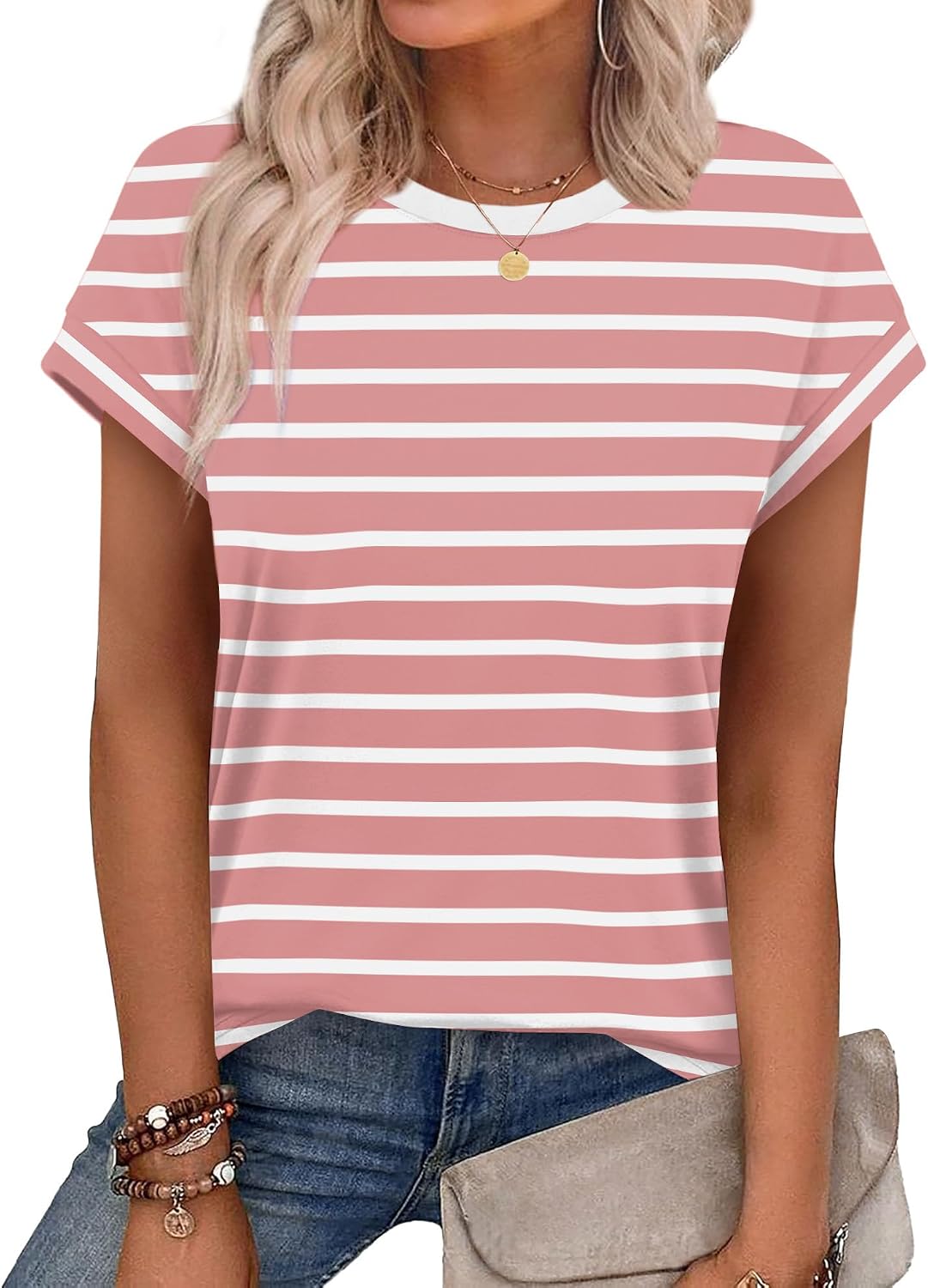 Alaroo Womens Summer Tops Short Sleeve Shirts Crew Neck Cute Trendy Tunic Blouses (S-3XL)