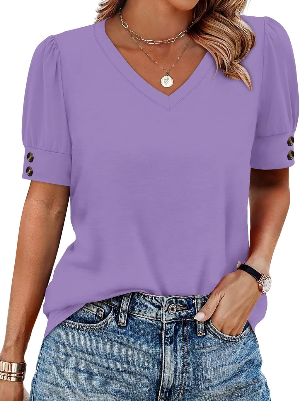 OFEEFAN Womens Tops Short Sleeve Shirts Buttons V Neck Spring Fashion Summer Outfits Plus Size Blouses Dressy Casual