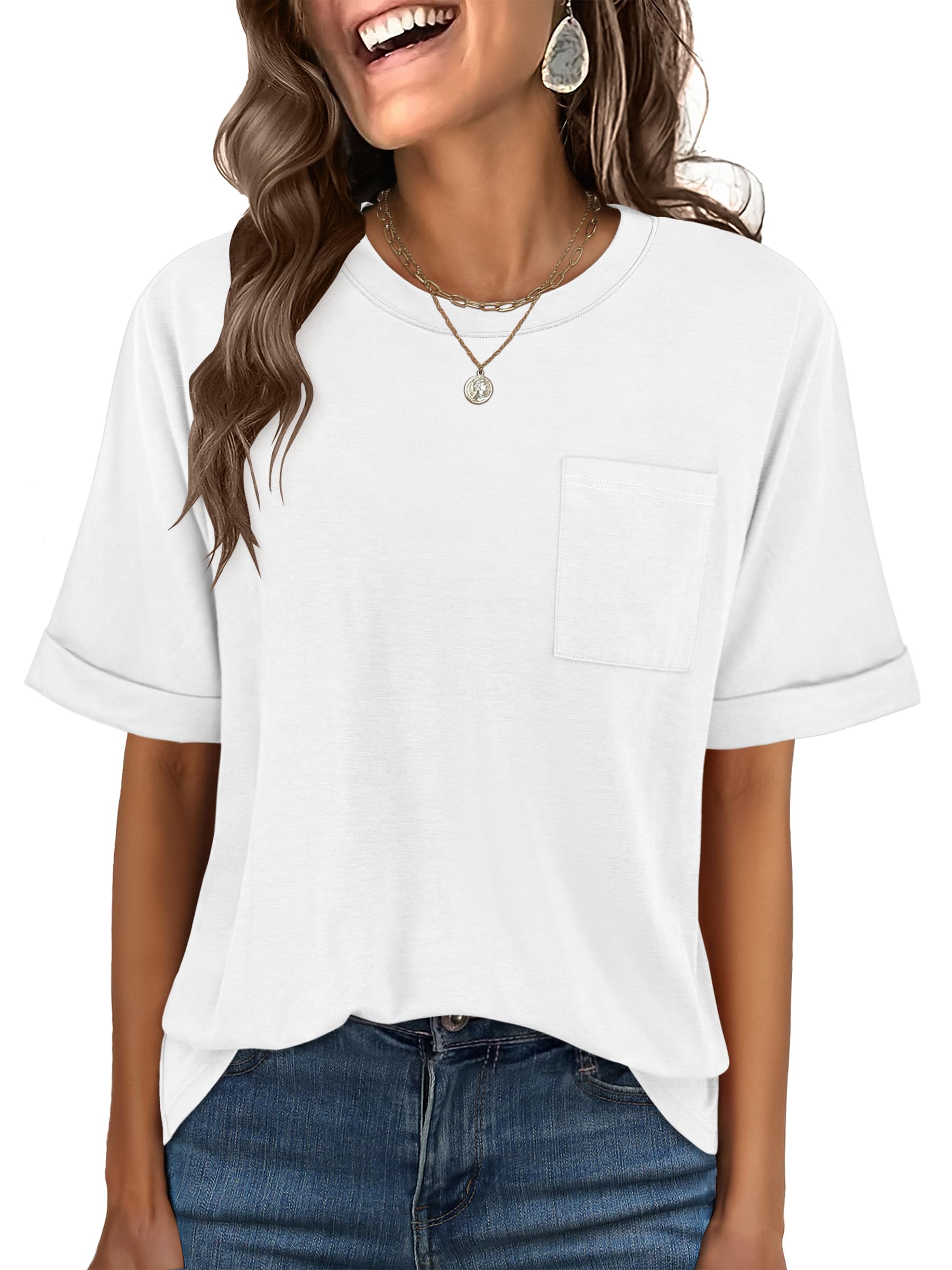 ANRABESS Womens Tops Short Sleeve Oversized T Shirts | Basic Tee with Chest Pocket，Summer Loose Fitting Tshirts，Business Casual Work Outfits，Travel Daily Wear，ALL-Seasons Clothes