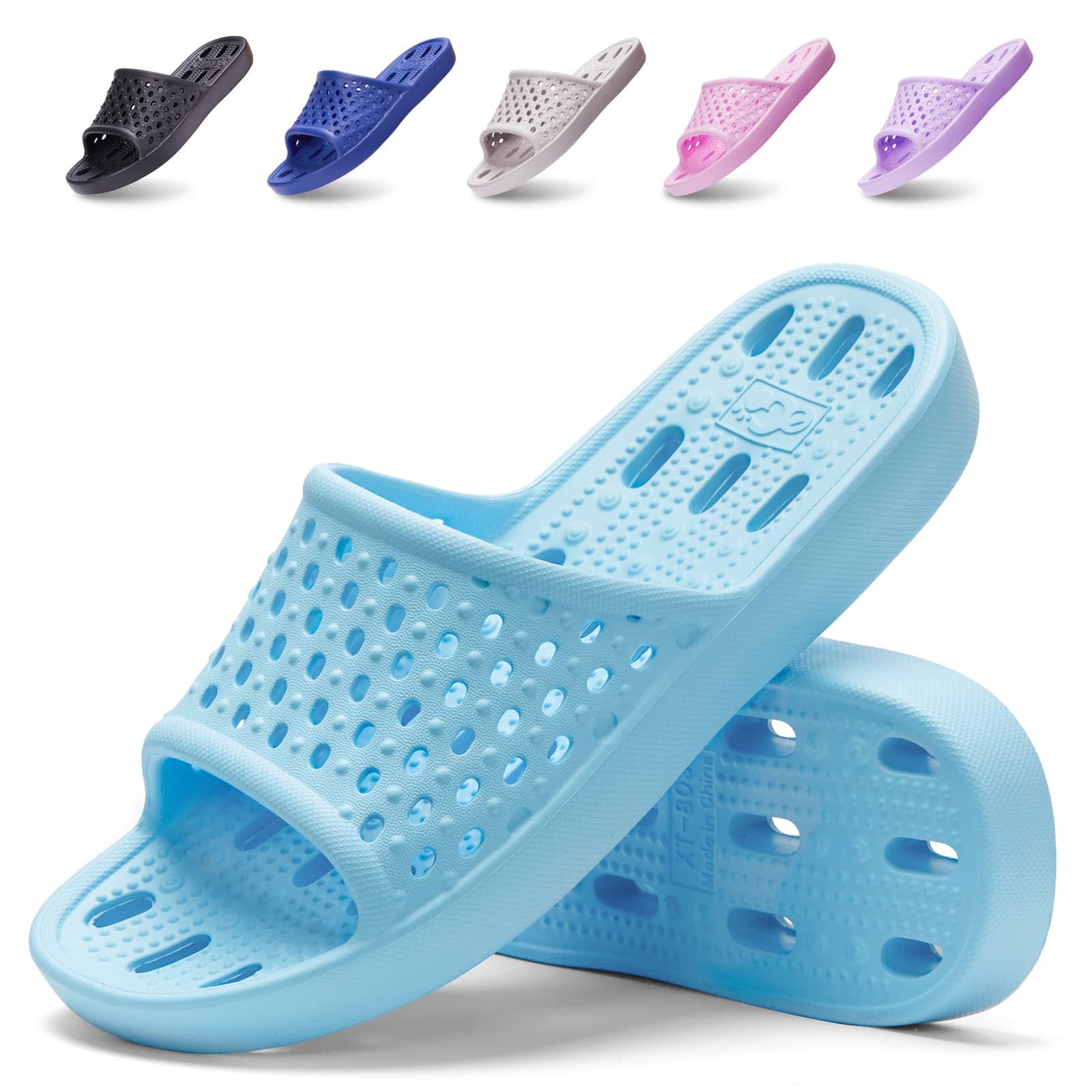 Xomiboe Shower Shoes For Men Women, Quick Dry Shower Slippers for Bathroom | Non Slip Lightweight EVA, With Drain Holes, Wide Fit For Gym Shower, College Dorm, Locker Room, Indoor, Pool