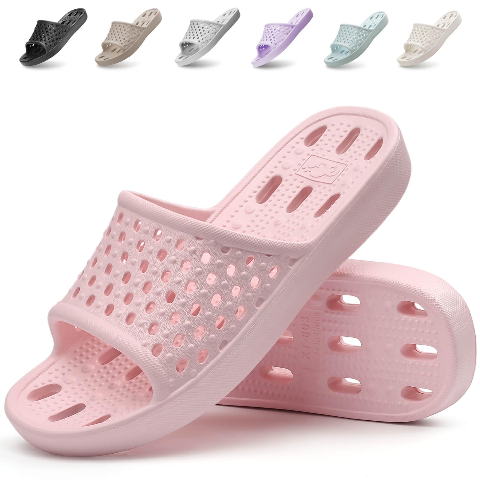 Xomiboe Shower Shoes For Men Women, Quick Dry Shower Slippers for Bathroom | Non Slip Lightweight EVA, With Drain Holes, Wide Fit For Gym Shower, College Dorm, Locker Room, Indoor, Pool
