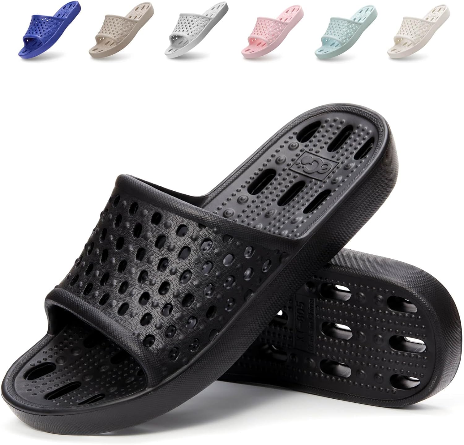 Xomiboe Shower Shoes For Men Women, Quick Dry Shower Slippers for Bathroom | Non Slip Lightweight EVA, With Drain Holes, Wide Fit For Gym Shower, College Dorm, Locker Room, Indoor, Pool