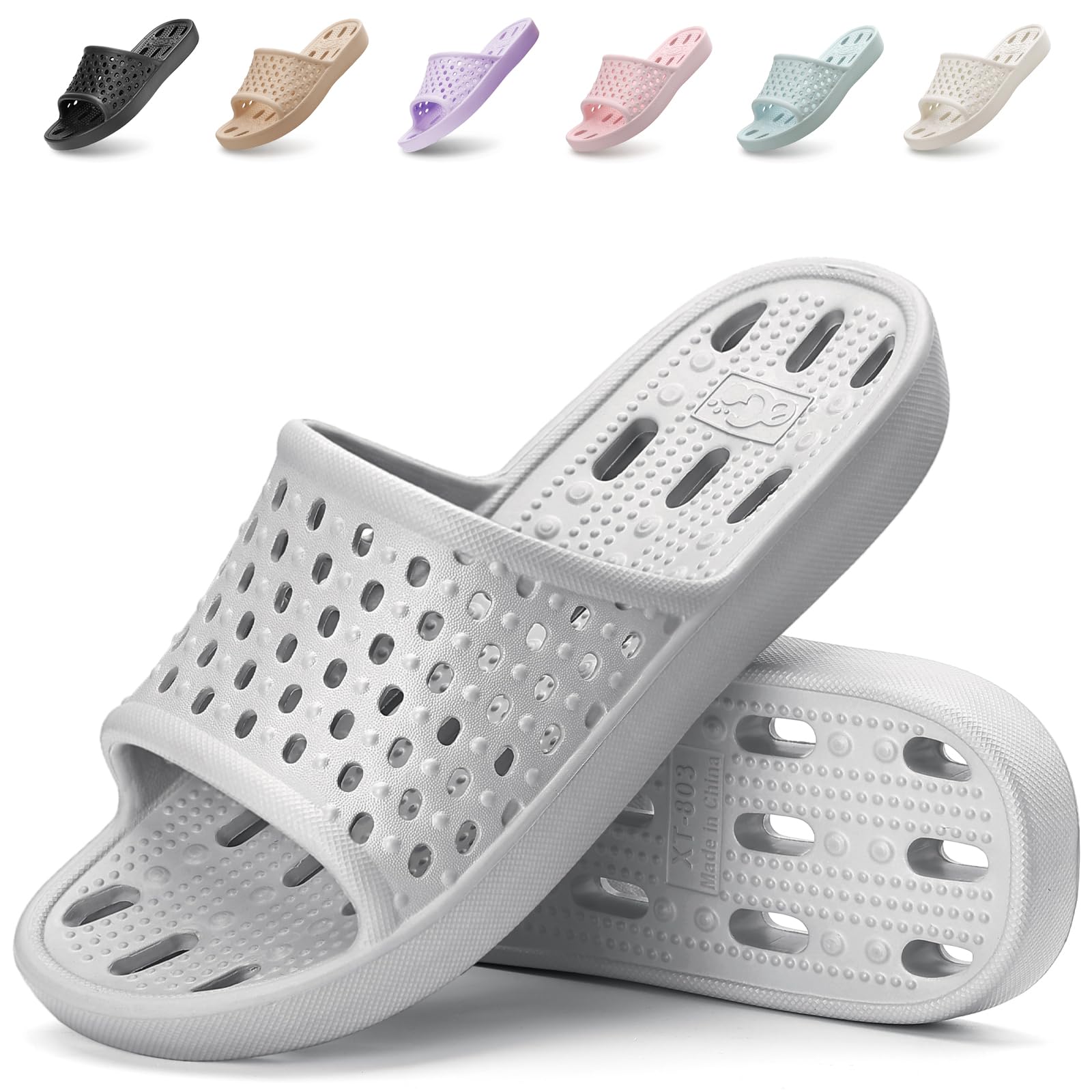 Xomiboe Shower Shoes For Men Women, Quick Dry Shower Slippers for Bathroom | Non Slip Lightweight EVA, With Drain Holes, Wide Fit For Gym Shower, College Dorm, Locker Room, Indoor, Pool