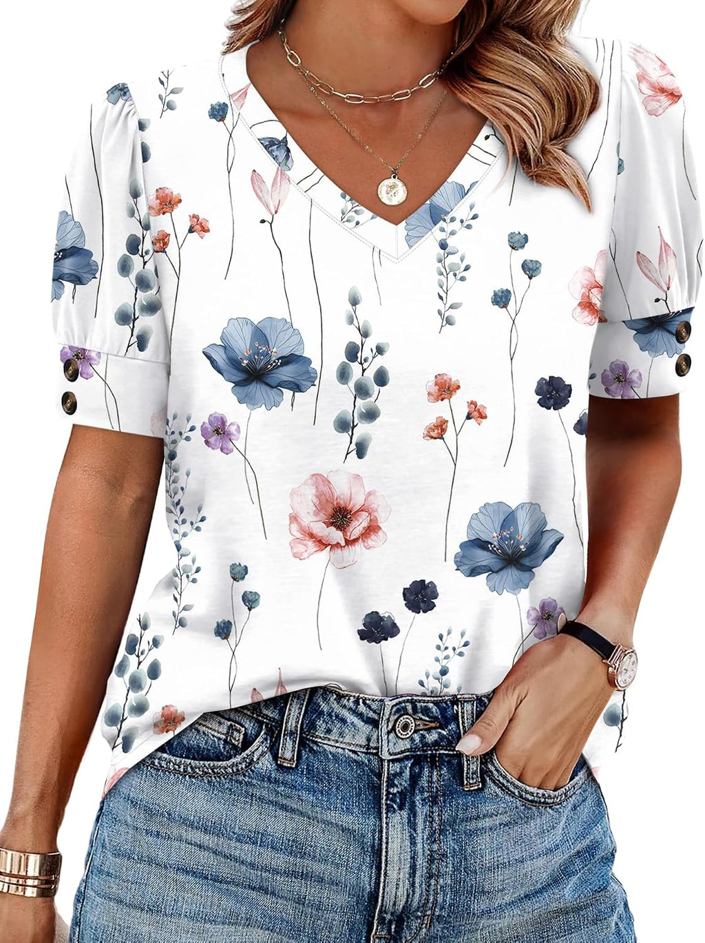 OFEEFAN Womens Tops Short Sleeve Shirts Buttons V Neck Spring Fashion Summer Outfits Plus Size Blouses Dressy Casual