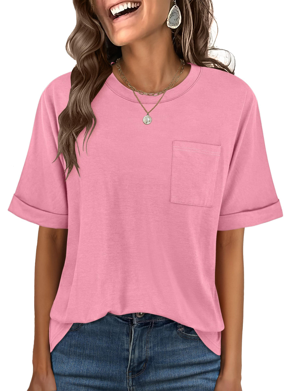 ANRABESS Womens Tops Short Sleeve Oversized T Shirts | Basic Tee with Chest Pocket，Summer Loose Fitting Tshirts，Business Casual Work Outfits，Travel Daily Wear，ALL-Seasons Clothes