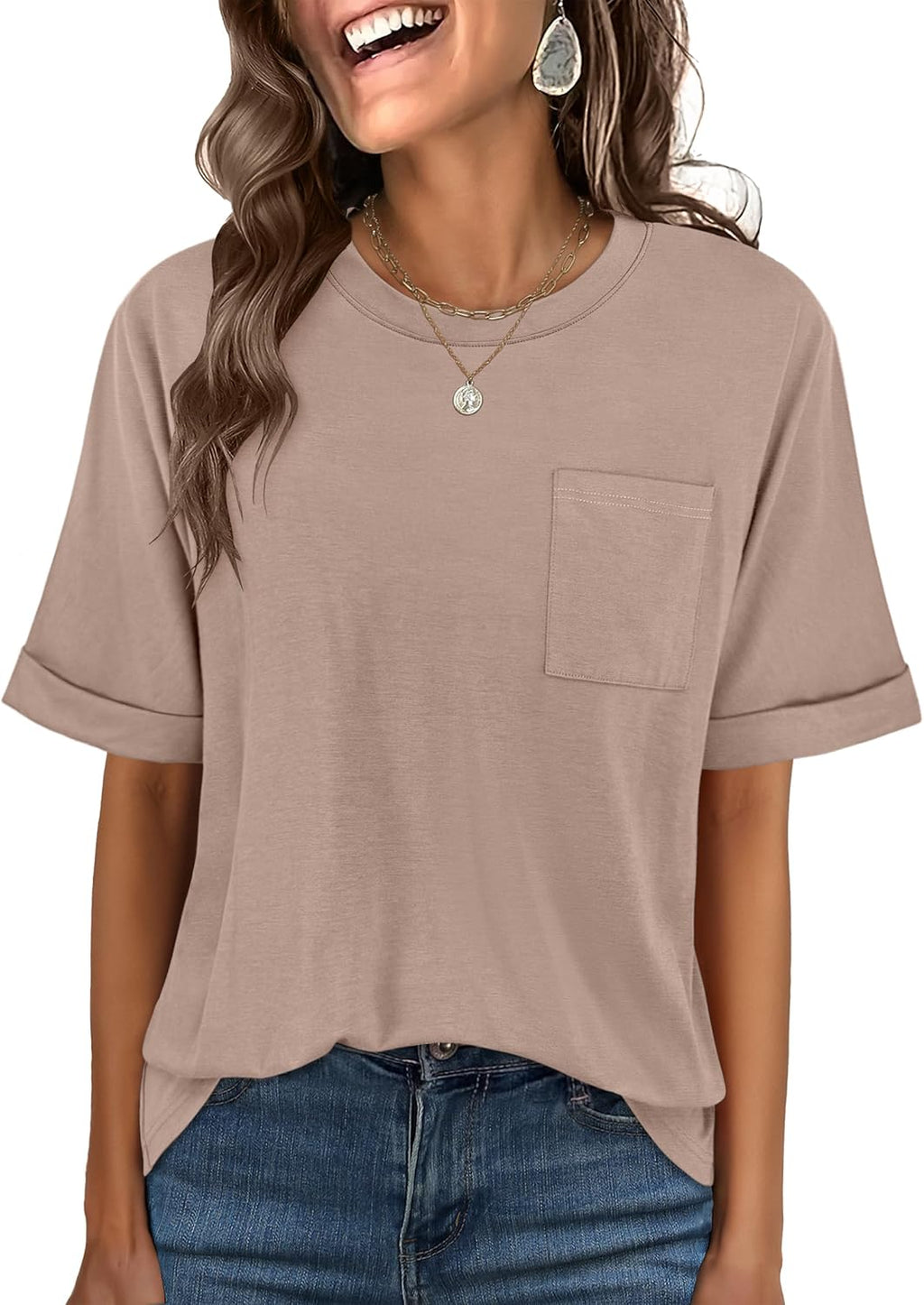 ANRABESS Womens Tops Short Sleeve Oversized T Shirts | Basic Tee with Chest Pocket，Summer Loose Fitting Tshirts，Business Casual Work Outfits，Travel Daily Wear，ALL-Seasons Clothes