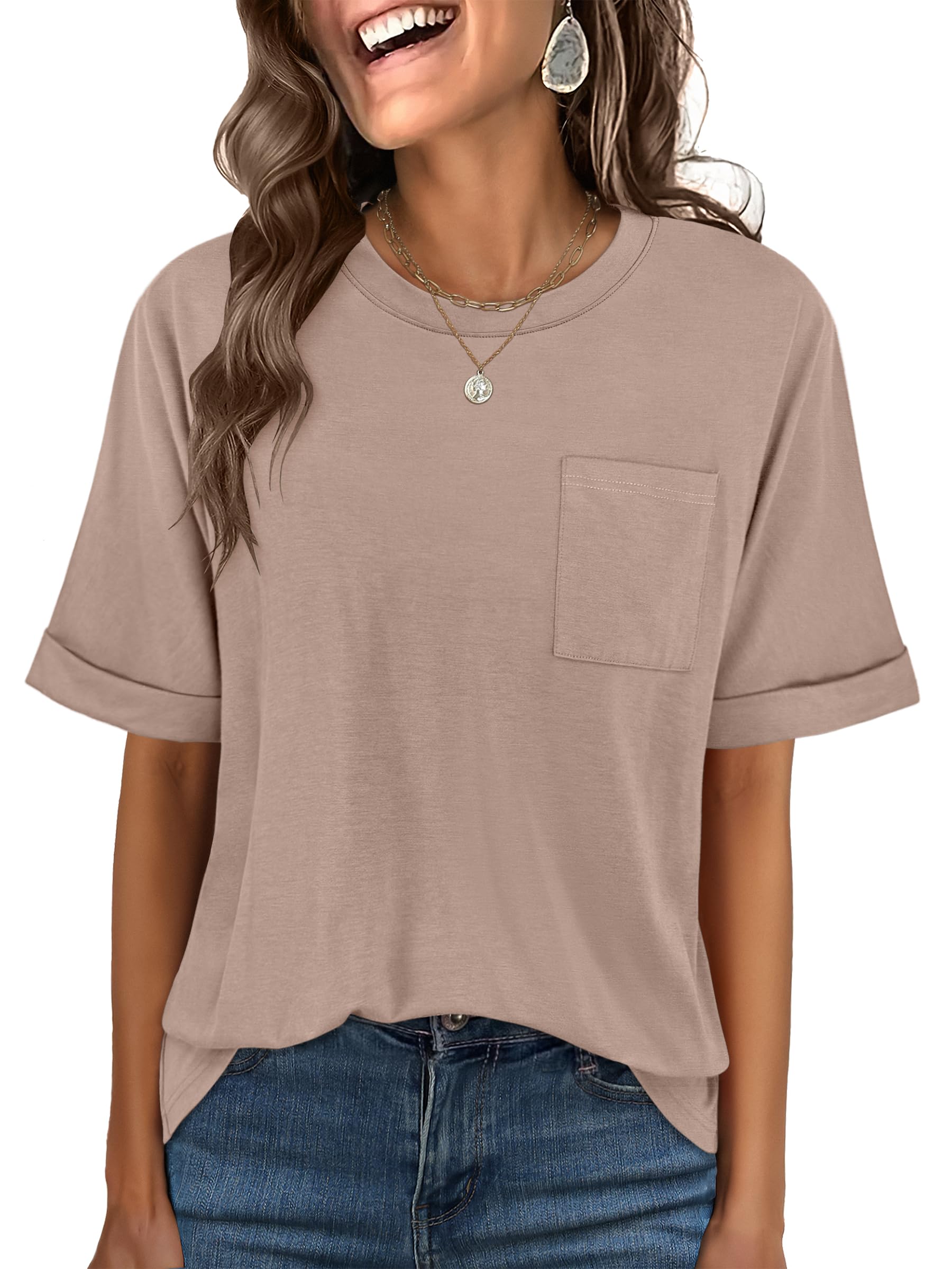 ANRABESS Womens Tops Short Sleeve Oversized T Shirts | Basic Tee with Chest Pocket，Summer Loose Fitting Tshirts，Business Casual Work Outfits，Travel Daily Wear，ALL-Seasons Clothes