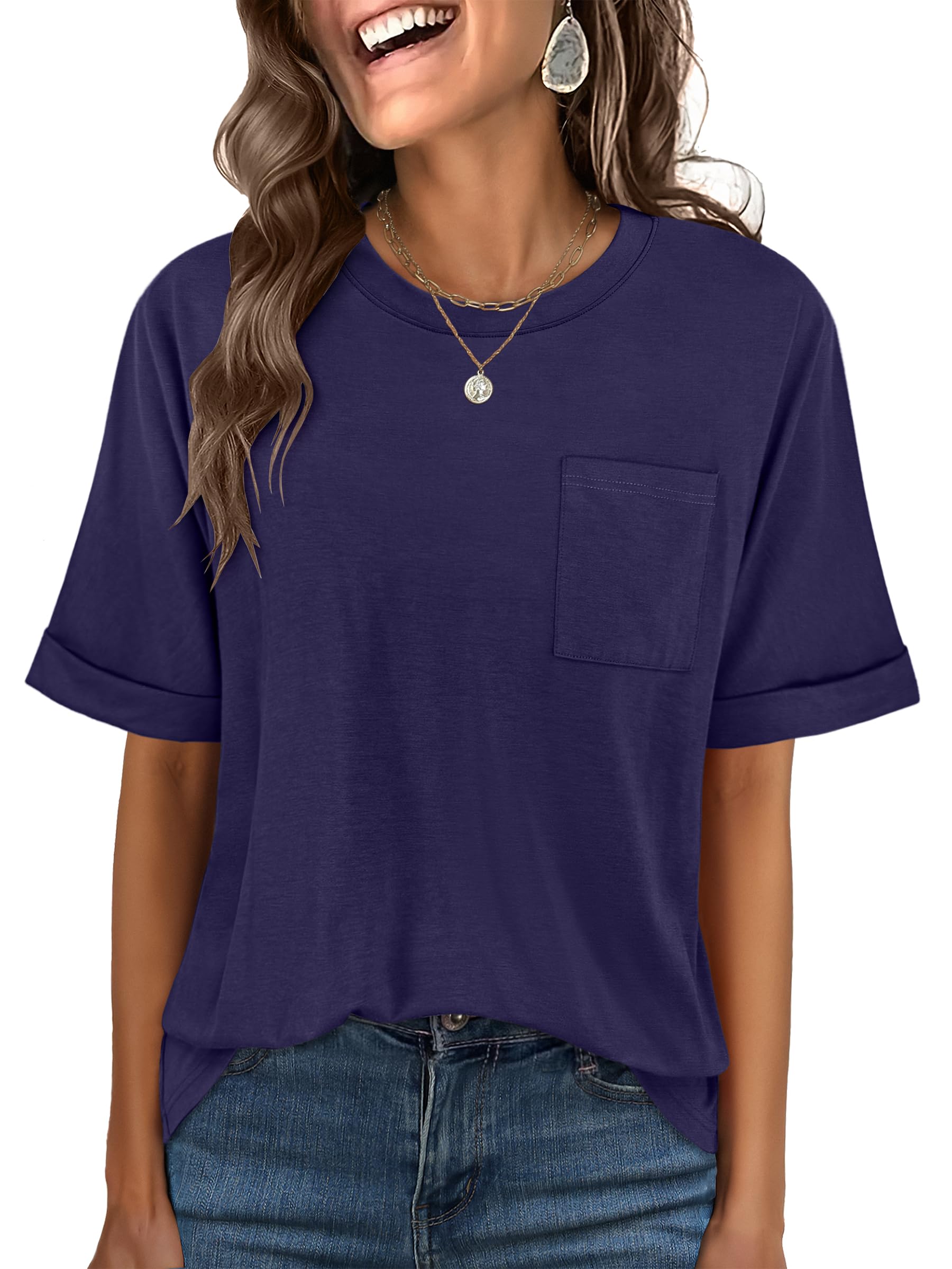 ANRABESS Womens Tops Short Sleeve Oversized T Shirts | Basic Tee with Chest Pocket，Summer Loose Fitting Tshirts，Business Casual Work Outfits，Travel Daily Wear，ALL-Seasons Clothes