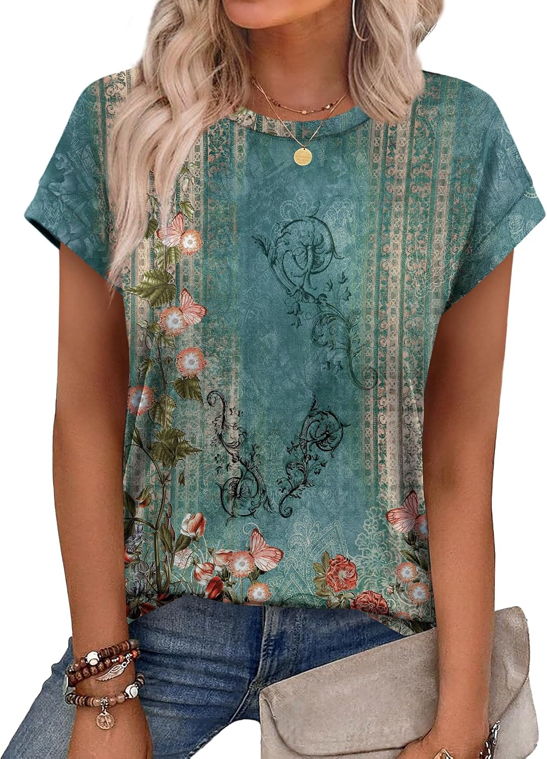 Alaroo Womens Summer Tops Short Sleeve Shirts Crew Neck Cute Trendy Tunic Blouses (S-3XL)