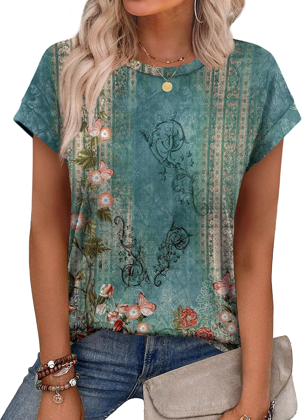 Alaroo Womens Summer Tops Short Sleeve Shirts Crew Neck Cute Trendy Tunic Blouses (S-3XL)