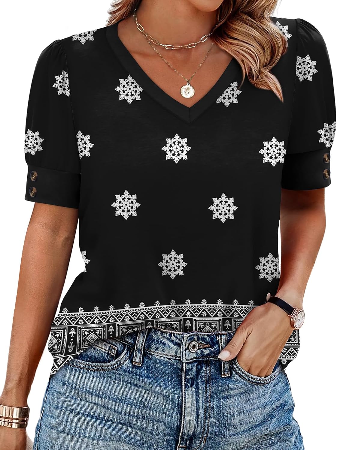OFEEFAN Womens Tops Short Sleeve Shirts Buttons V Neck Spring Fashion Summer Outfits Plus Size Blouses Dressy Casual