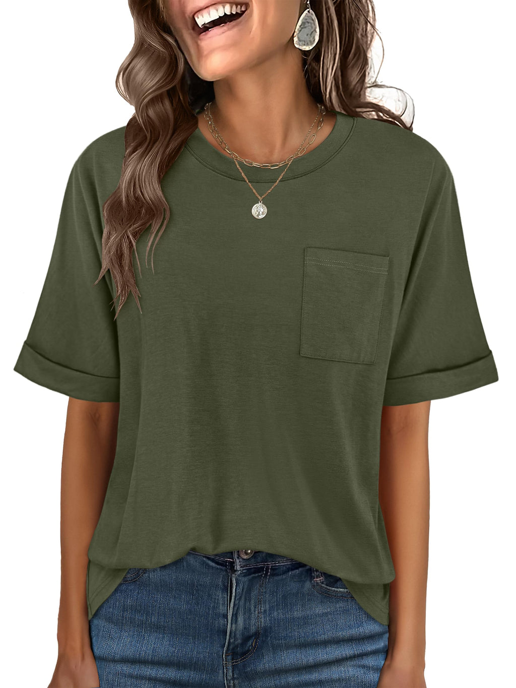 ANRABESS Womens Tops Short Sleeve Oversized T Shirts | Basic Tee with Chest Pocket，Summer Loose Fitting Tshirts，Business Casual Work Outfits，Travel Daily Wear，ALL-Seasons Clothes