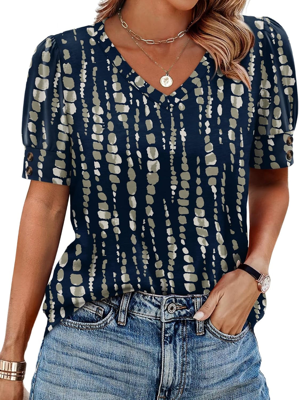 OFEEFAN Womens Tops Short Sleeve Shirts Buttons V Neck Spring Fashion Summer Outfits Plus Size Blouses Dressy Casual