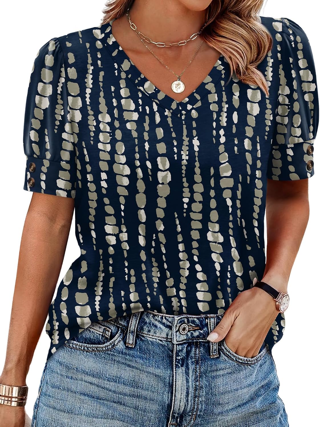 OFEEFAN Womens Tops Short Sleeve Shirts Buttons V Neck Spring Fashion Summer Outfits Plus Size Blouses Dressy Casual