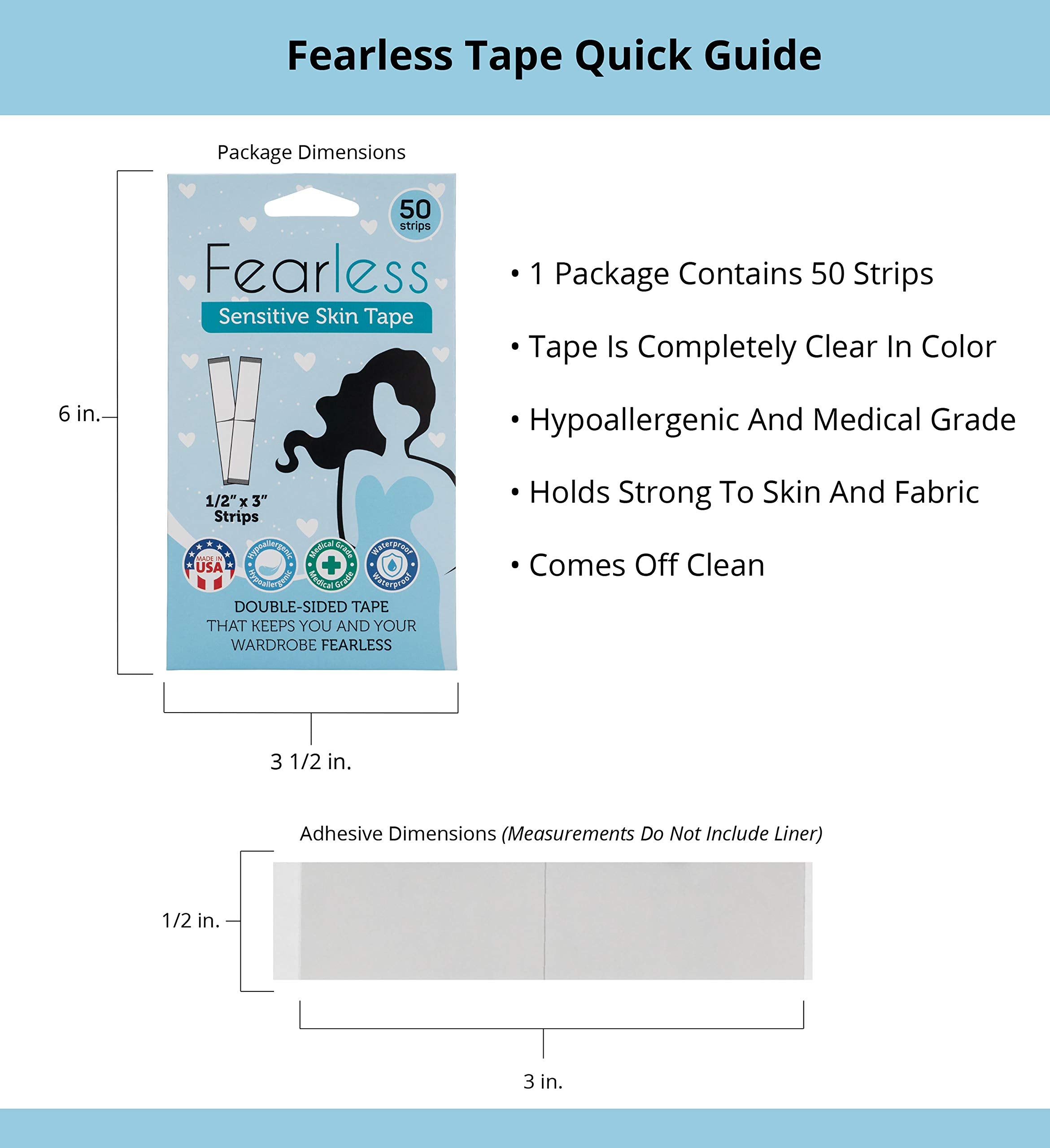 Fearless Tape Double Sided Clothing & Body Tape, 50 Strips | 50 Clear Strips - Ready for Weddings, Proms, and Everyday Outfit Fixes