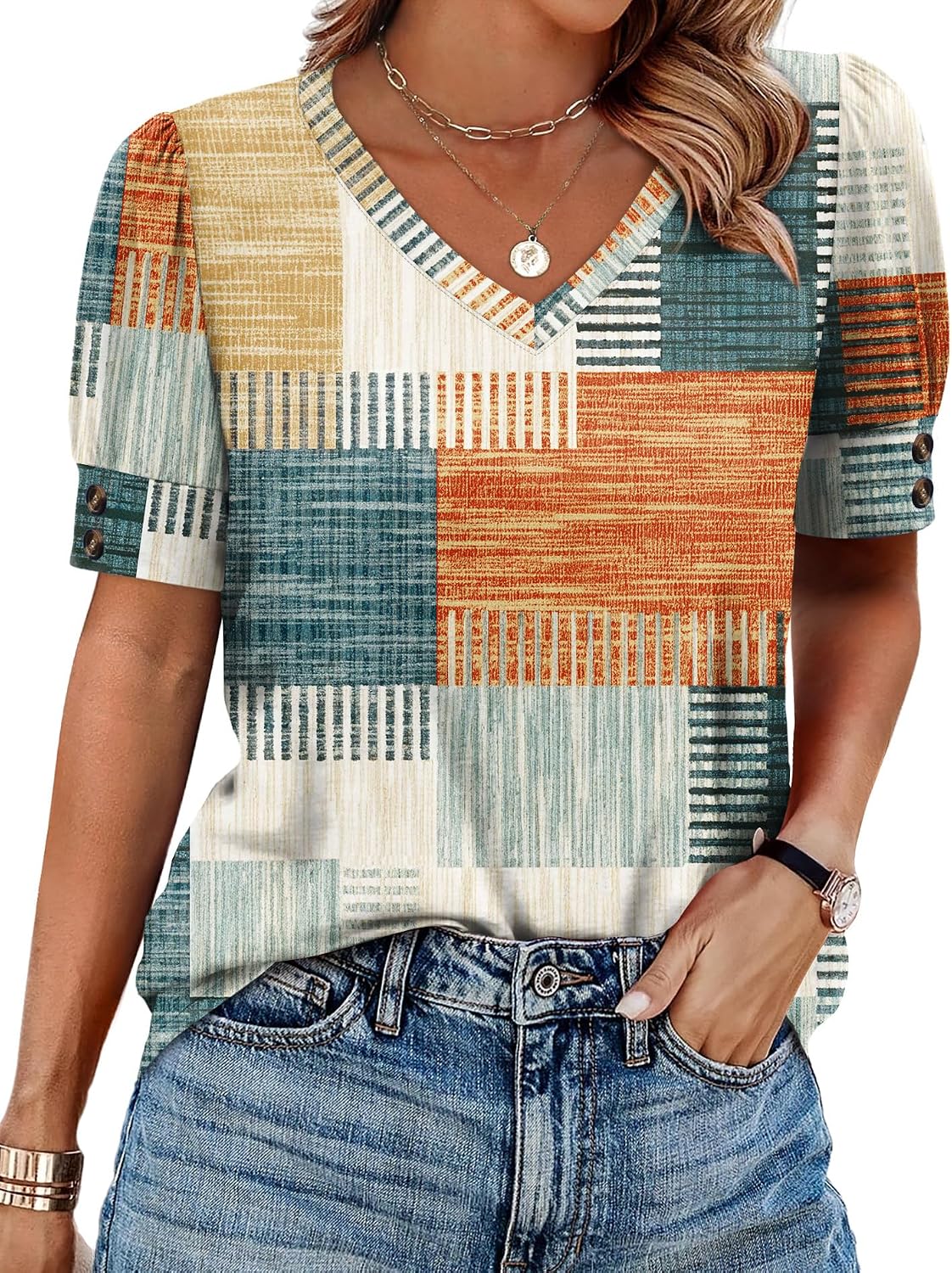 OFEEFAN Womens Tops Short Sleeve Shirts Buttons V Neck Spring Fashion Summer Outfits Plus Size Blouses Dressy Casual