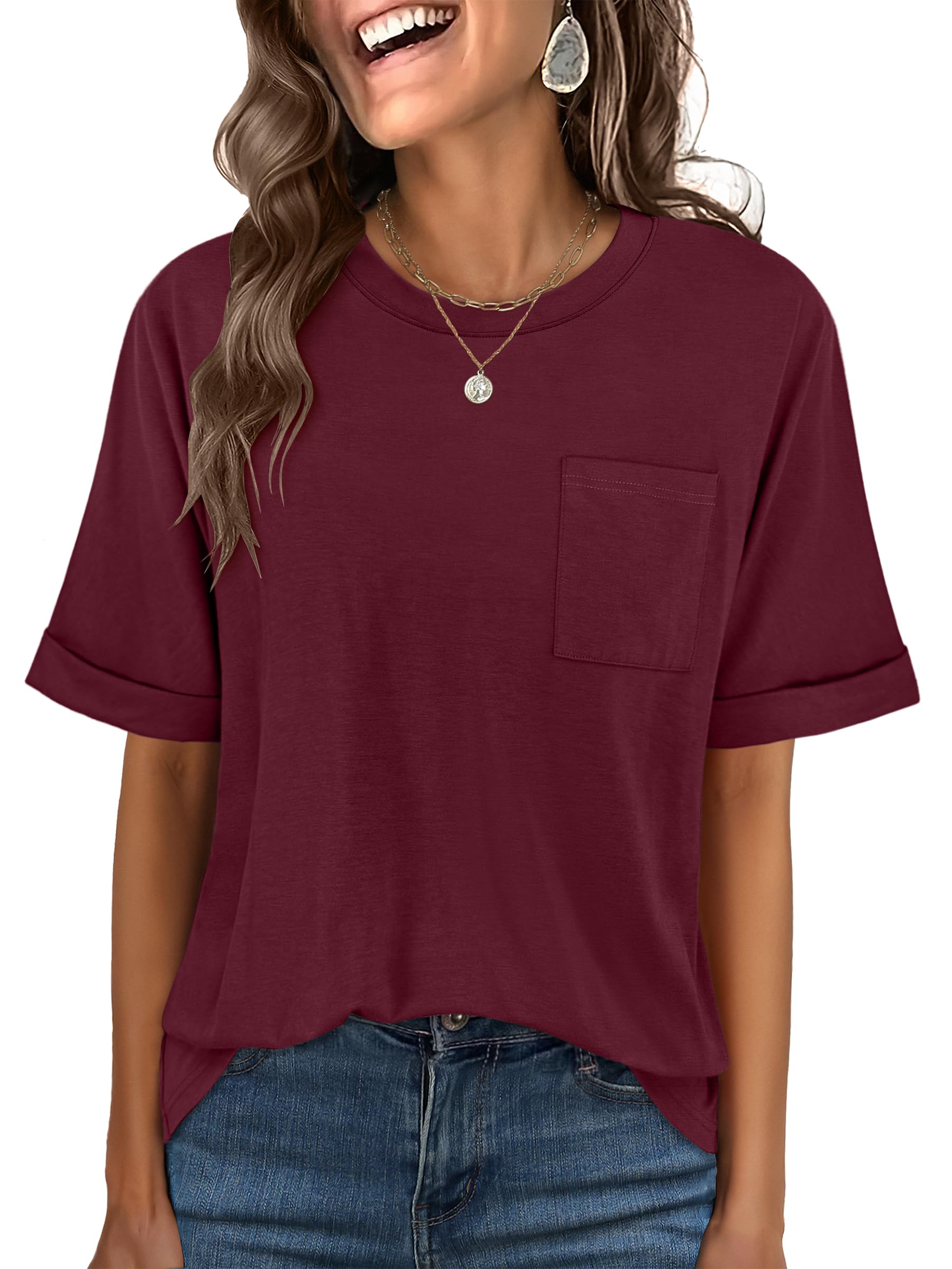 ANRABESS Womens Tops Short Sleeve Oversized T Shirts | Basic Tee with Chest Pocket，Summer Loose Fitting Tshirts，Business Casual Work Outfits，Travel Daily Wear，ALL-Seasons Clothes