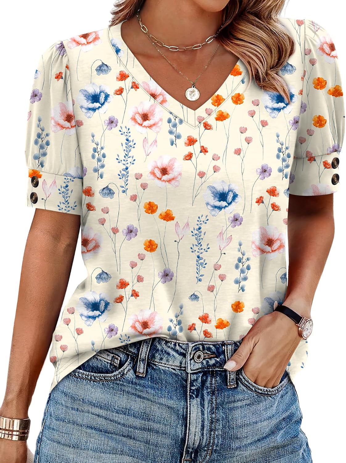 OFEEFAN Womens Tops Short Sleeve Shirts Buttons V Neck Spring Fashion Summer Outfits Plus Size Blouses Dressy Casual