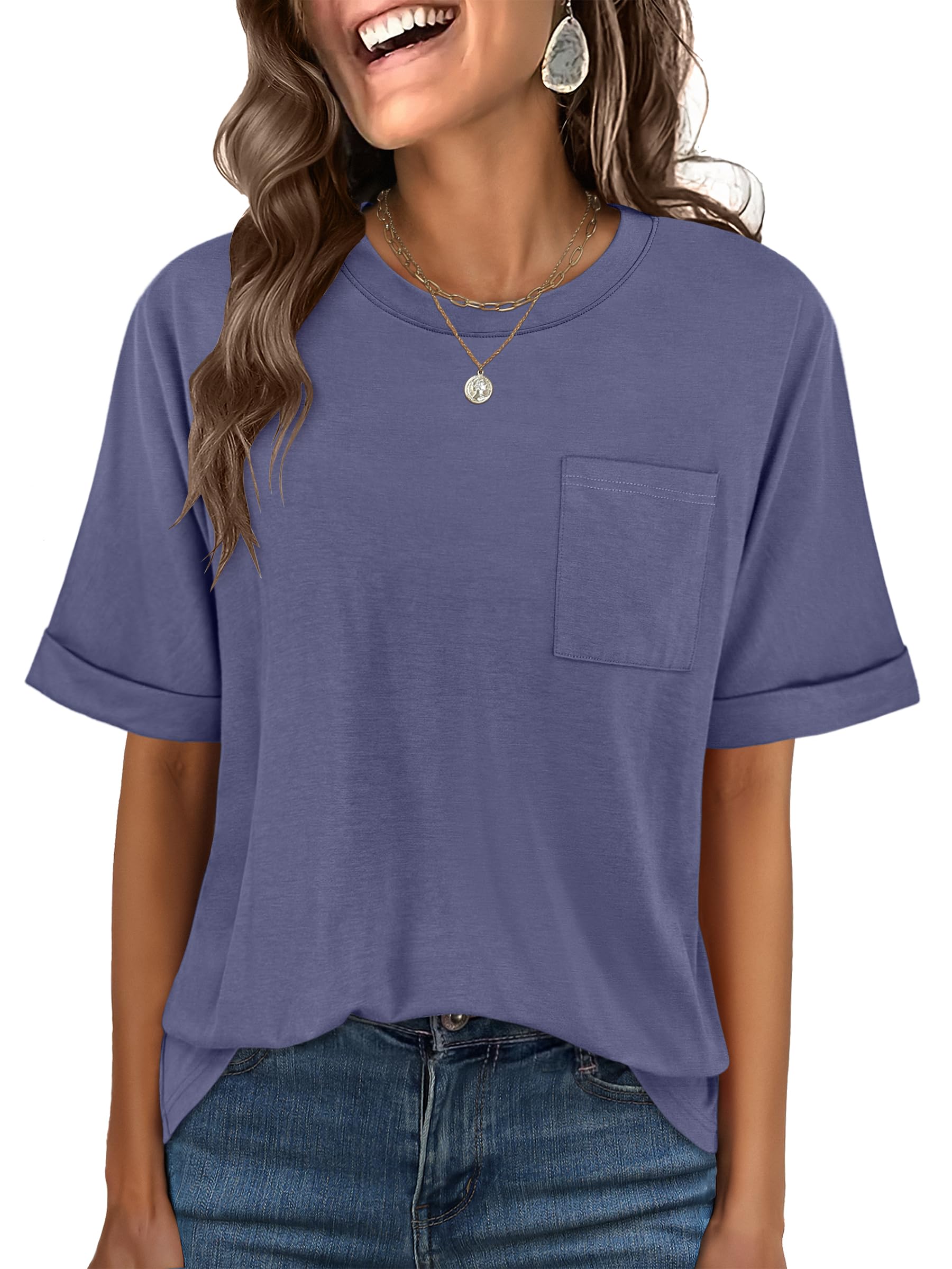 ANRABESS Womens Tops Short Sleeve Oversized T Shirts | Basic Tee with Chest Pocket，Summer Loose Fitting Tshirts，Business Casual Work Outfits，Travel Daily Wear，ALL-Seasons Clothes