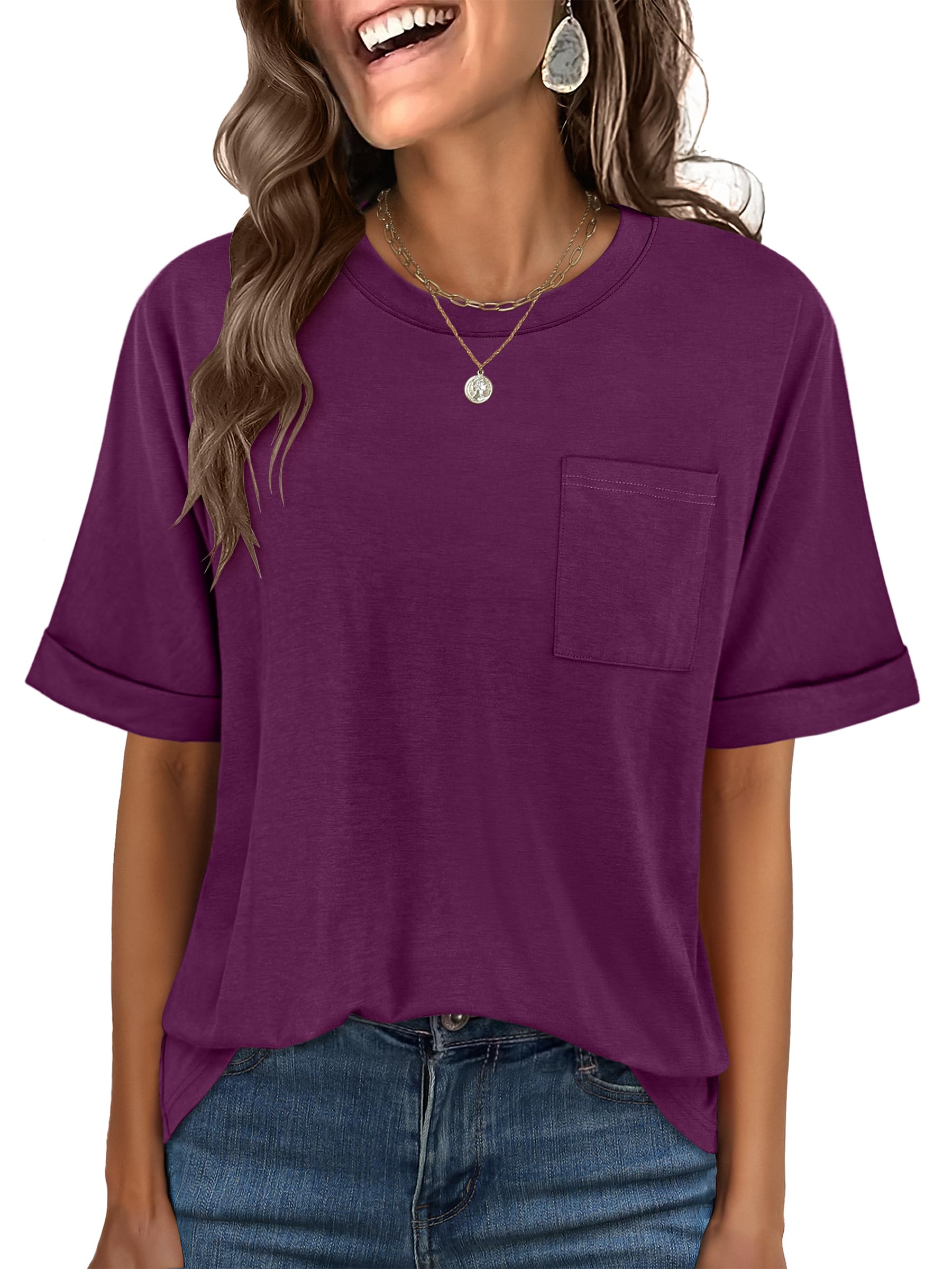 ANRABESS Womens Tops Short Sleeve Oversized T Shirts | Basic Tee with Chest Pocket，Summer Loose Fitting Tshirts，Business Casual Work Outfits，Travel Daily Wear，ALL-Seasons Clothes
