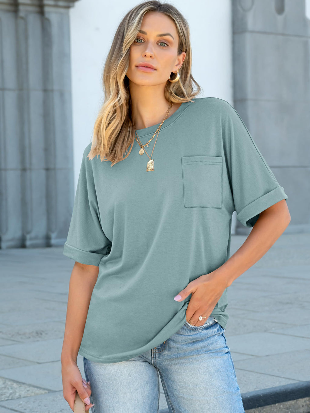 ANRABESS Womens Tops Short Sleeve Oversized T Shirts | Basic Tee with Chest Pocket，Summer Loose Fitting Tshirts，Business Casual Work Outfits，Travel Daily Wear，ALL-Seasons Clothes