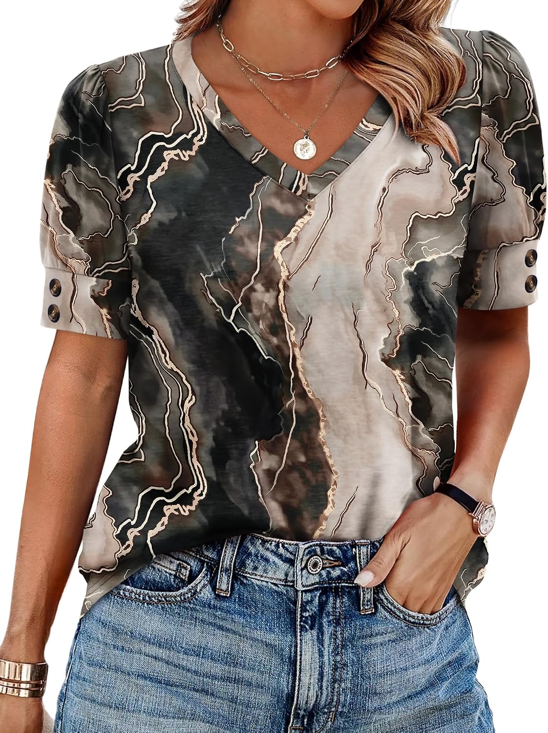 OFEEFAN Womens Tops Short Sleeve Shirts Buttons V Neck Spring Fashion Summer Outfits Plus Size Blouses Dressy Casual
