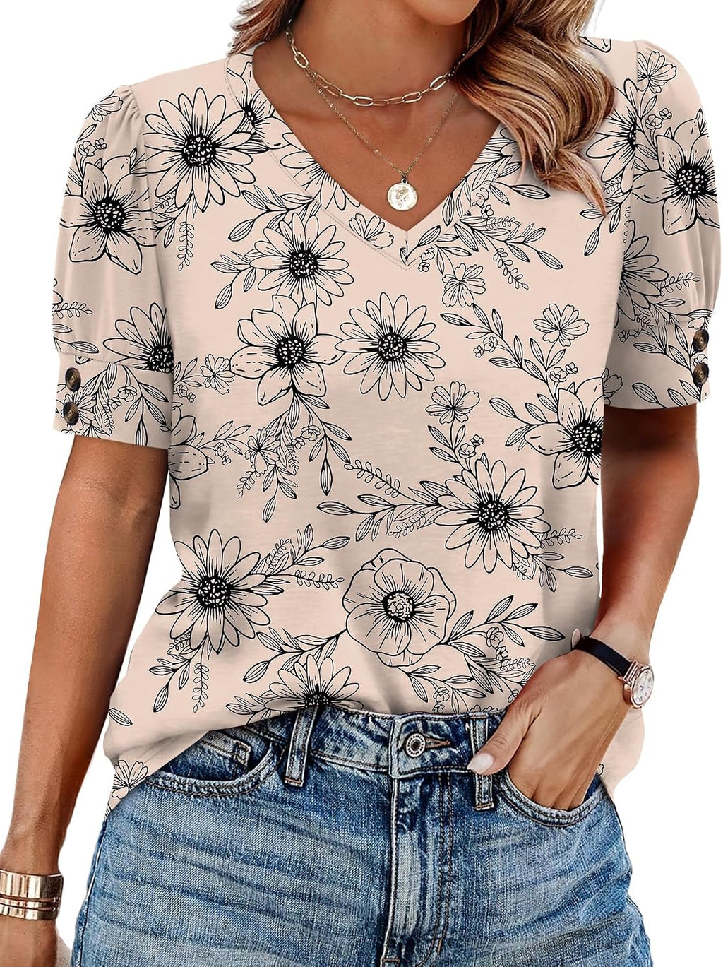 OFEEFAN Womens Tops Short Sleeve Shirts Buttons V Neck Spring Fashion Summer Outfits Plus Size Blouses Dressy Casual