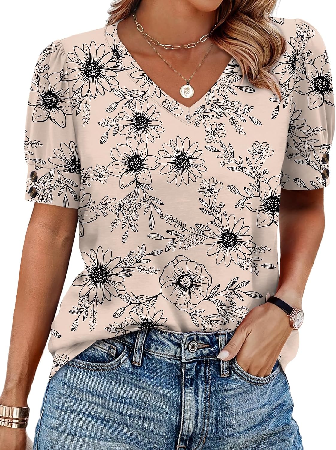 OFEEFAN Womens Tops Short Sleeve Shirts Buttons V Neck Spring Fashion Summer Outfits Plus Size Blouses Dressy Casual