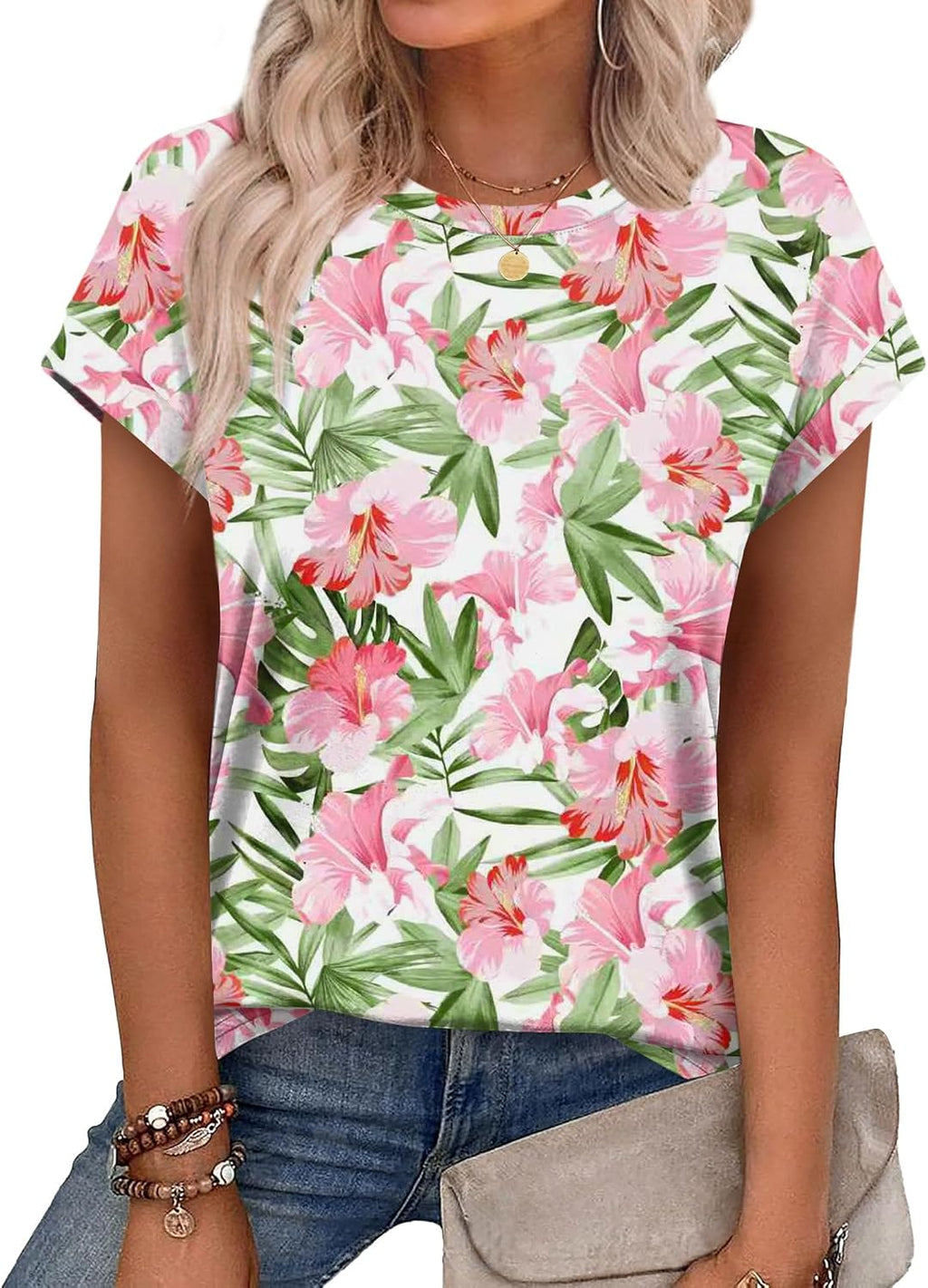 Alaroo Womens Summer Tops Short Sleeve Shirts Crew Neck Cute Trendy Tunic Blouses (S-3XL)