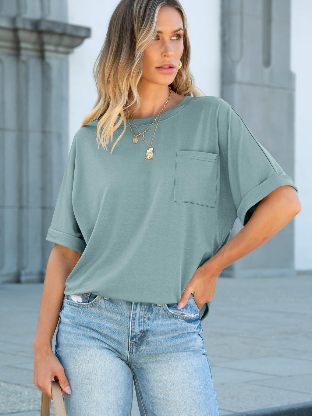 ANRABESS Womens Tops Short Sleeve Oversized T Shirts | Basic Tee with Chest Pocket，Summer Loose Fitting Tshirts，Business Casual Work Outfits，Travel Daily Wear，ALL-Seasons Clothes