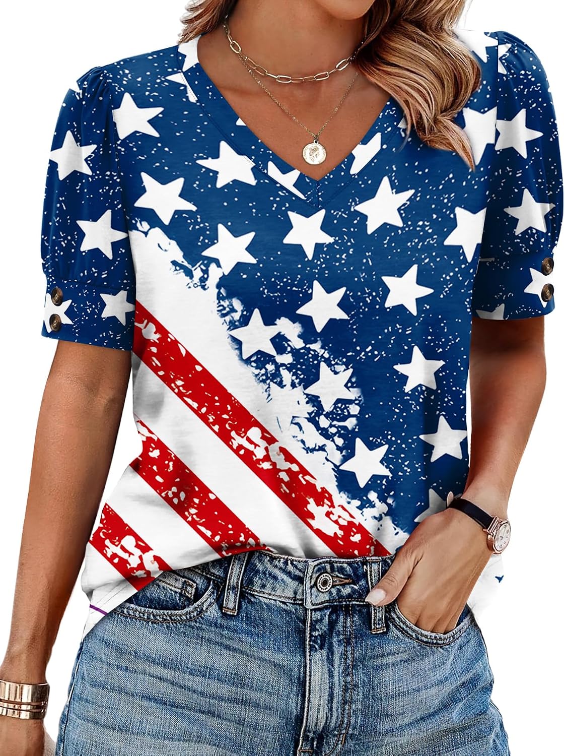 OFEEFAN Womens Tops Short Sleeve Shirts Buttons V Neck Spring Fashion Summer Outfits Plus Size Blouses Dressy Casual