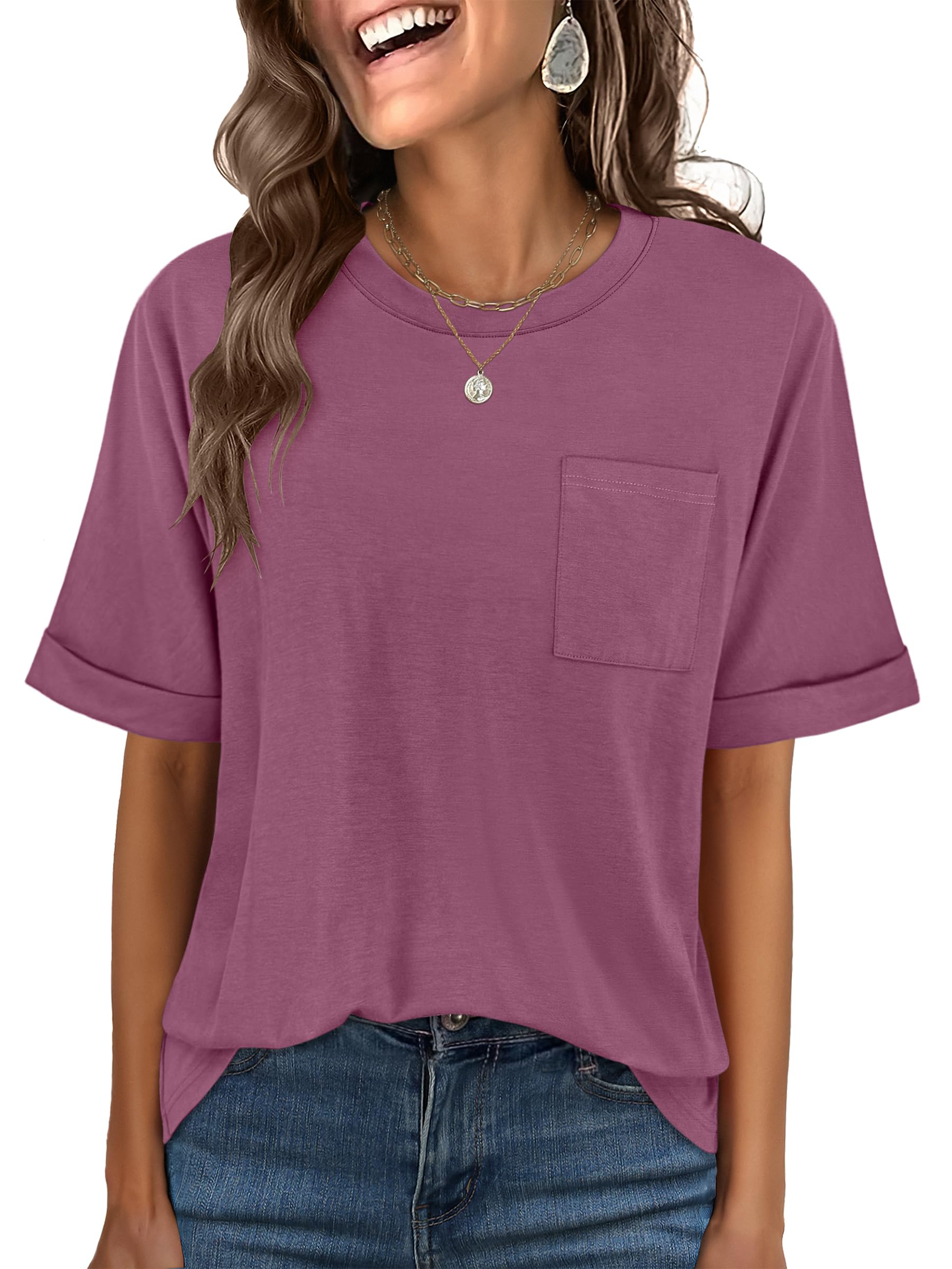 ANRABESS Womens Tops Short Sleeve Oversized T Shirts | Basic Tee with Chest Pocket，Summer Loose Fitting Tshirts，Business Casual Work Outfits，Travel Daily Wear，ALL-Seasons Clothes