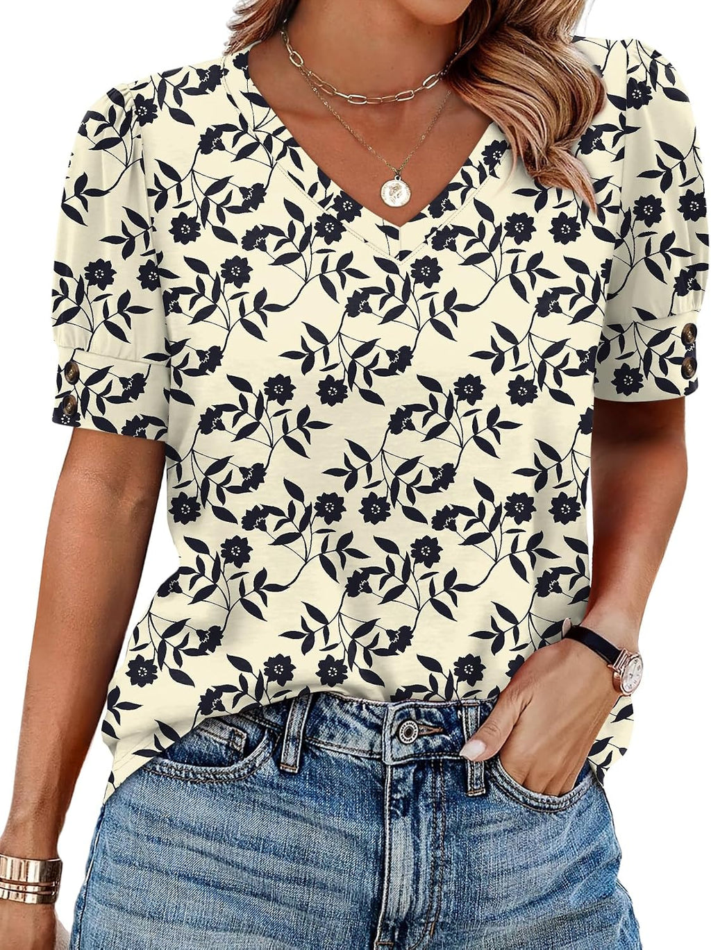 OFEEFAN Womens Tops Short Sleeve Shirts Buttons V Neck Spring Fashion Summer Outfits Plus Size Blouses Dressy Casual
