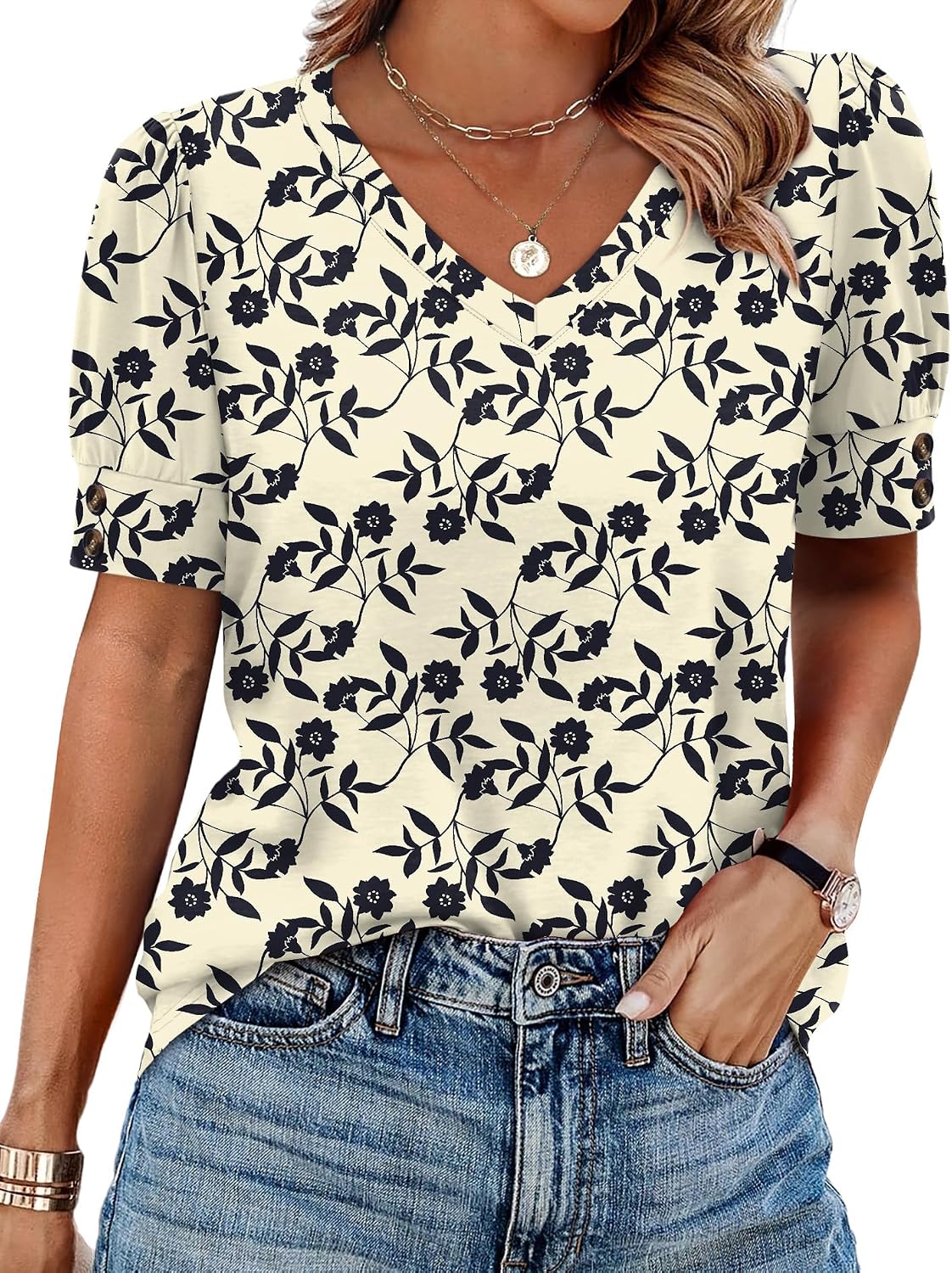 OFEEFAN Womens Tops Short Sleeve Shirts Buttons V Neck Spring Fashion Summer Outfits Plus Size Blouses Dressy Casual