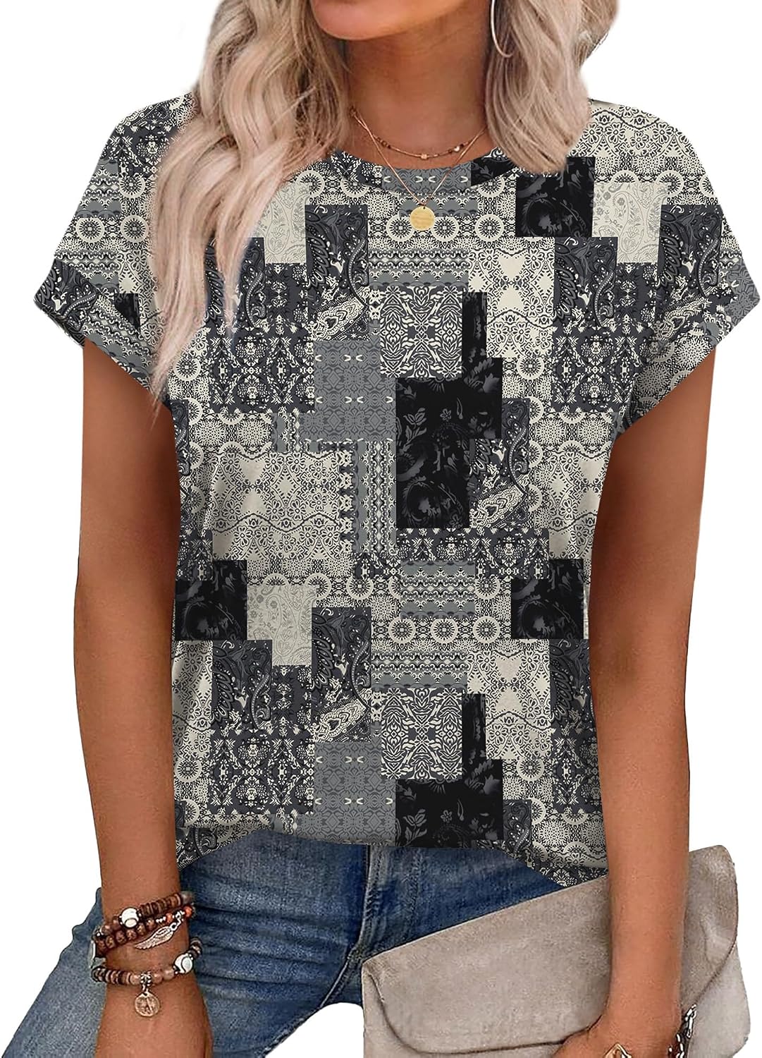 Alaroo Womens Summer Tops Short Sleeve Shirts Crew Neck Cute Trendy Tunic Blouses (S-3XL)