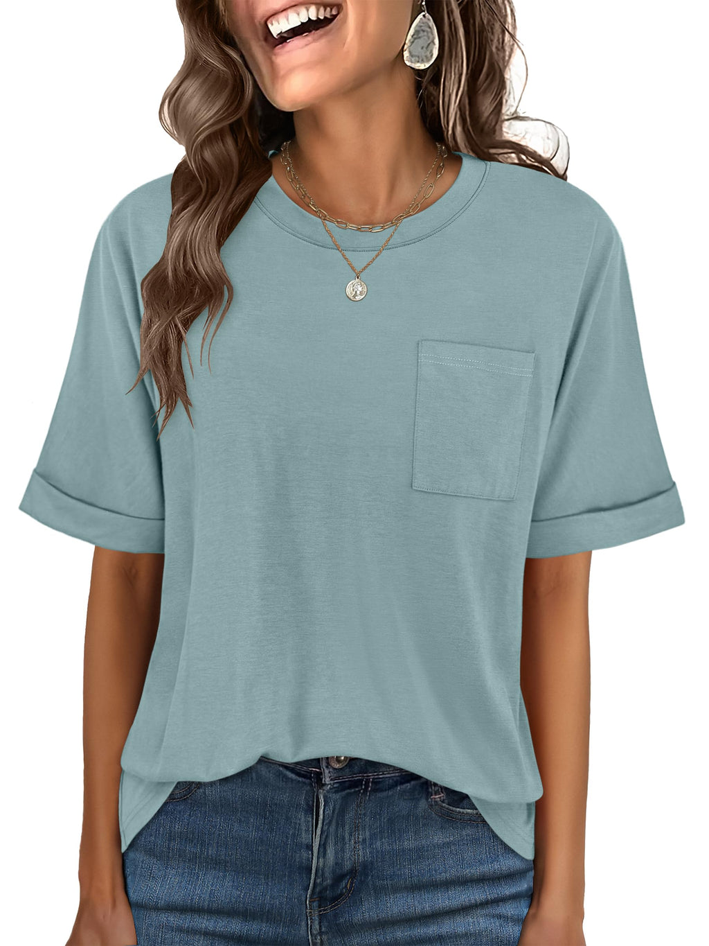 ANRABESS Womens Tops Short Sleeve Oversized T Shirts | Basic Tee with Chest Pocket，Summer Loose Fitting Tshirts，Business Casual Work Outfits，Travel Daily Wear，ALL-Seasons Clothes