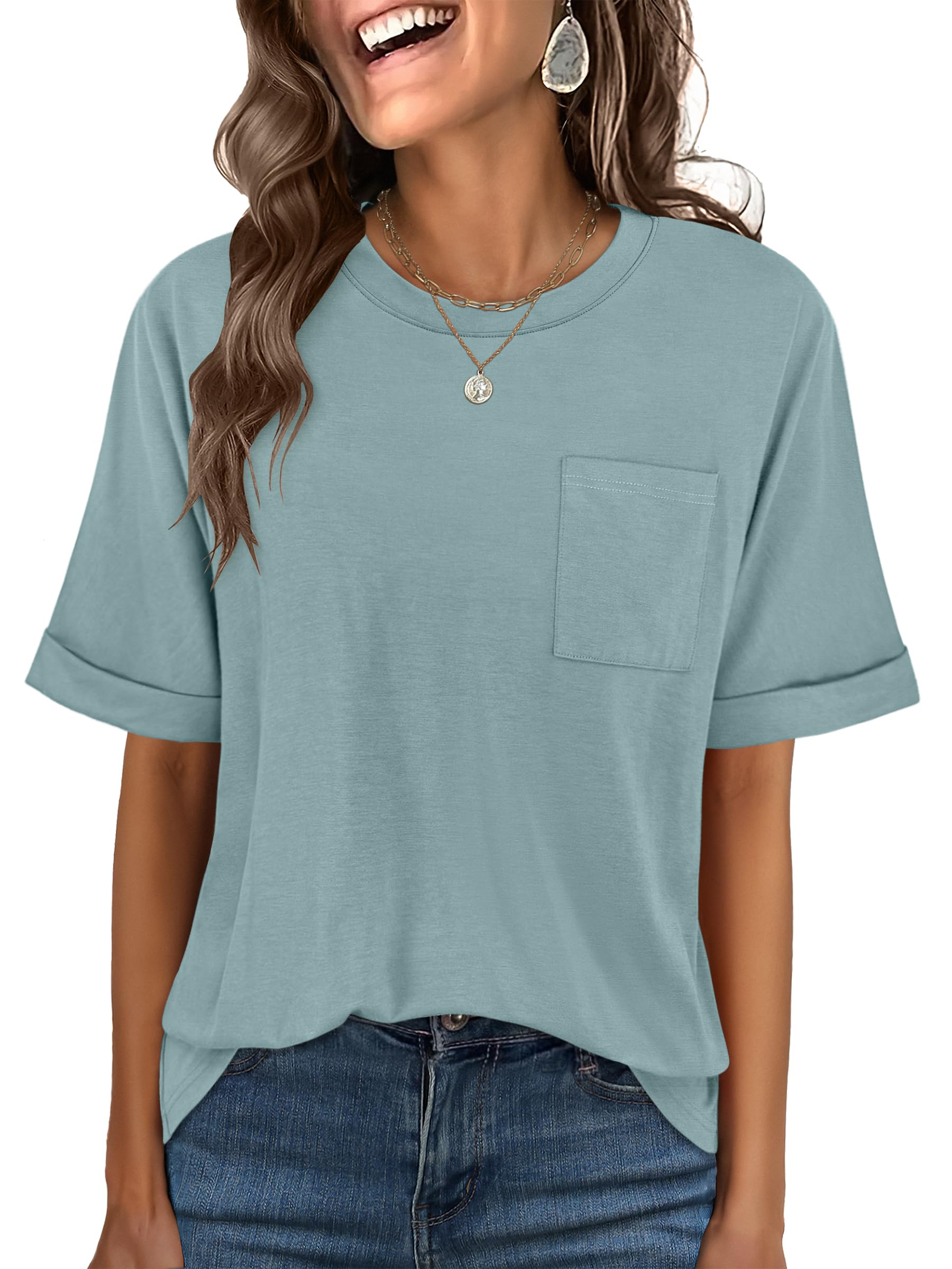 ANRABESS Womens Tops Short Sleeve Oversized T Shirts | Basic Tee with Chest Pocket，Summer Loose Fitting Tshirts，Business Casual Work Outfits，Travel Daily Wear，ALL-Seasons Clothes