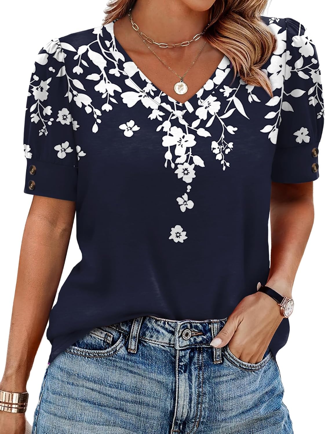 OFEEFAN Womens Tops Short Sleeve Shirts Buttons V Neck Spring Fashion Summer Outfits Plus Size Blouses Dressy Casual