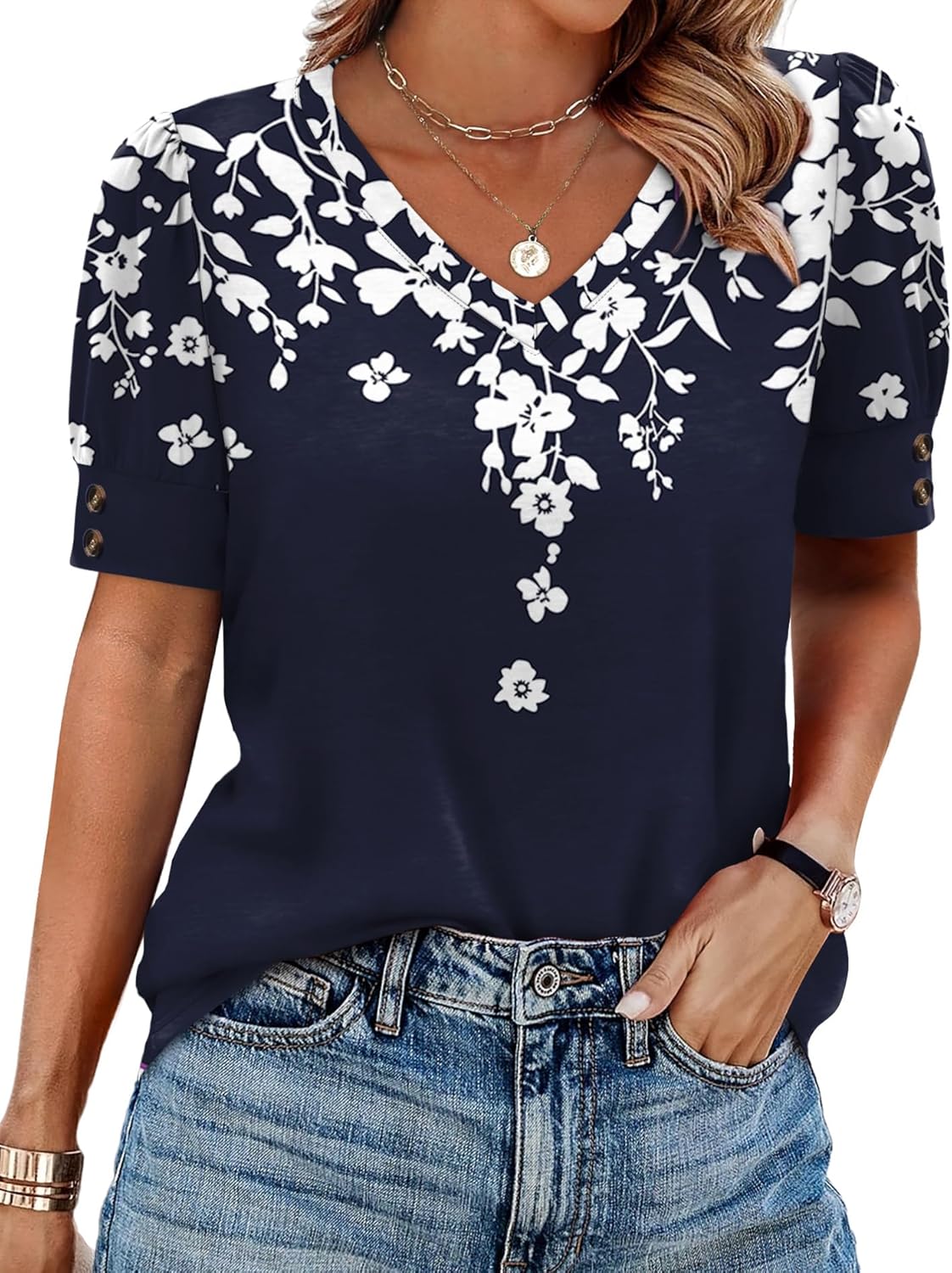 OFEEFAN Womens Tops Short Sleeve Shirts Buttons V Neck Spring Fashion Summer Outfits Plus Size Blouses Dressy Casual