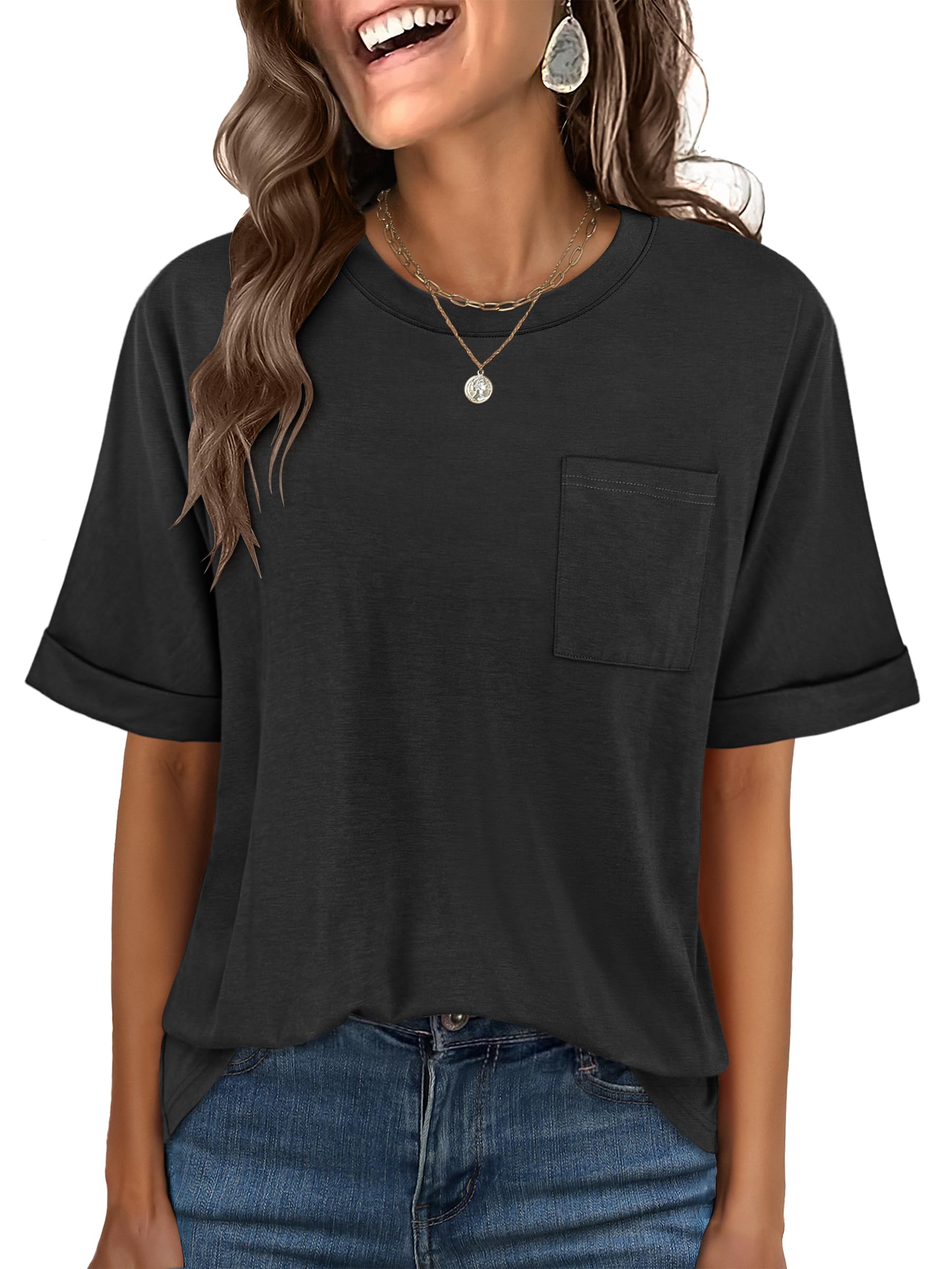 ANRABESS Womens Tops Short Sleeve Oversized T Shirts | Basic Tee with Chest Pocket，Summer Loose Fitting Tshirts，Business Casual Work Outfits，Travel Daily Wear，ALL-Seasons Clothes