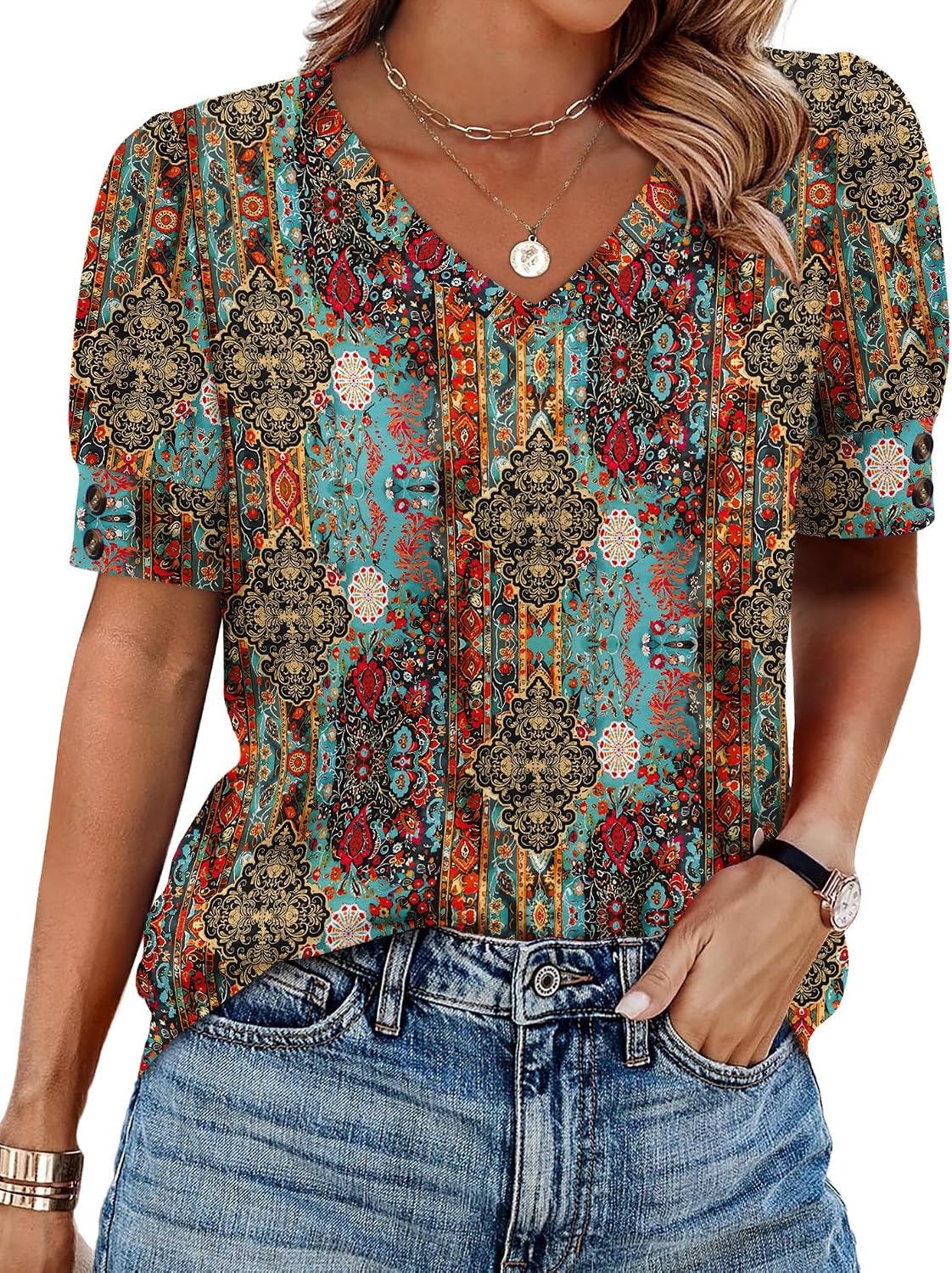 OFEEFAN Womens Tops Short Sleeve Shirts Buttons V Neck Spring Fashion Summer Outfits Plus Size Blouses Dressy Casual