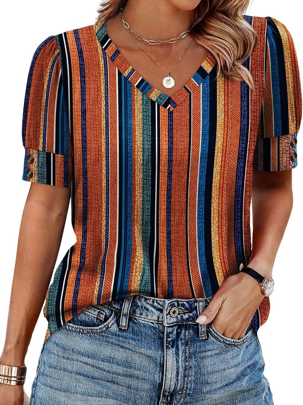 OFEEFAN Womens Tops Short Sleeve Shirts Buttons V Neck Spring Fashion Summer Outfits Plus Size Blouses Dressy Casual