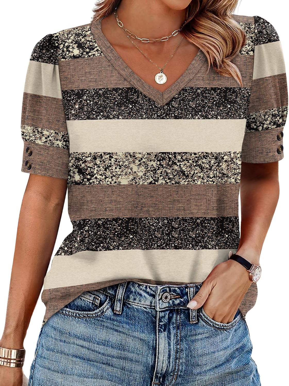 OFEEFAN Womens Tops Short Sleeve Shirts Buttons V Neck Spring Fashion Summer Outfits Plus Size Blouses Dressy Casual