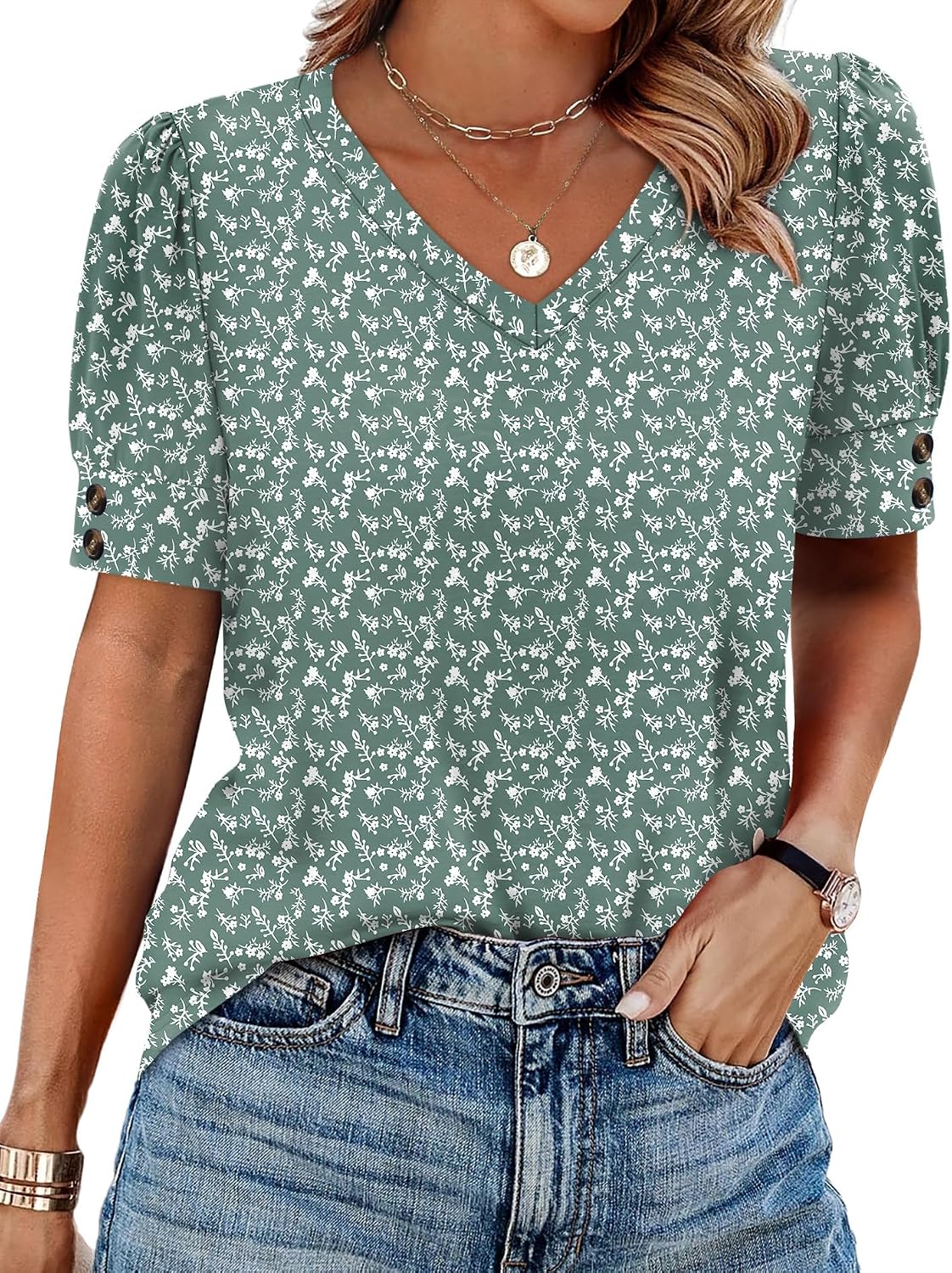 OFEEFAN Womens Tops Short Sleeve Shirts Buttons V Neck Spring Fashion Summer Outfits Plus Size Blouses Dressy Casual