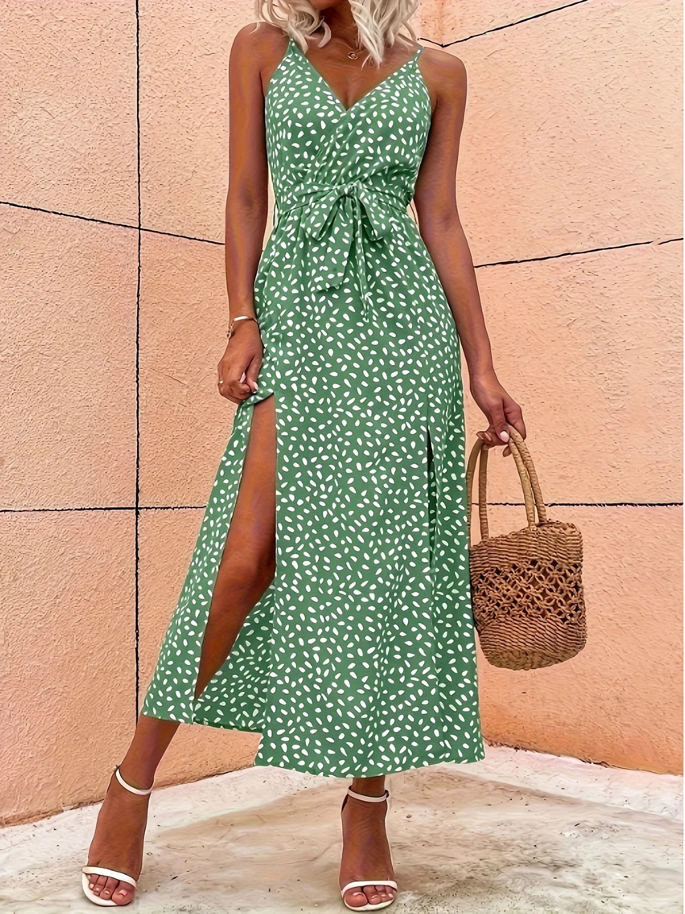 Elegant Ladies Spotted Print Split-Design Halter Dress with Waist-Cinching Feature Fashionable Women's Summer Dress