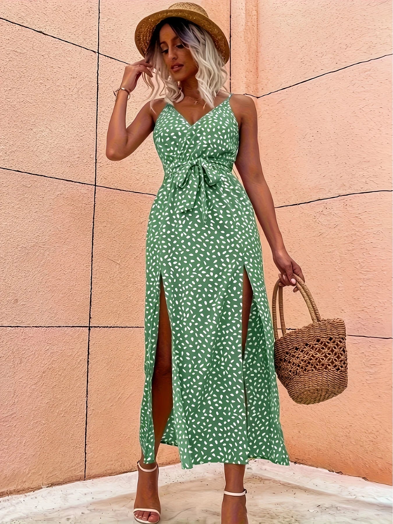 Elegant Ladies Spotted Print Split-Design Halter Dress with Waist-Cinching Feature Fashionable Women's Summer Dress